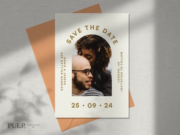 a save the date card with an image of a man's face on it