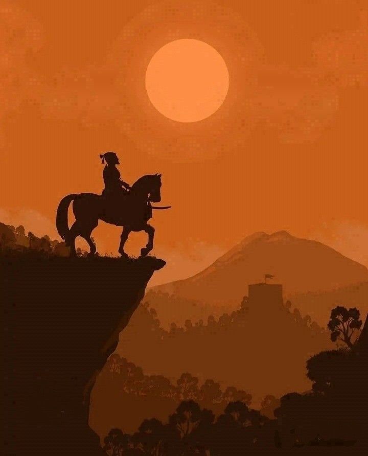 a man riding on the back of a horse next to a tall cliff at sunset