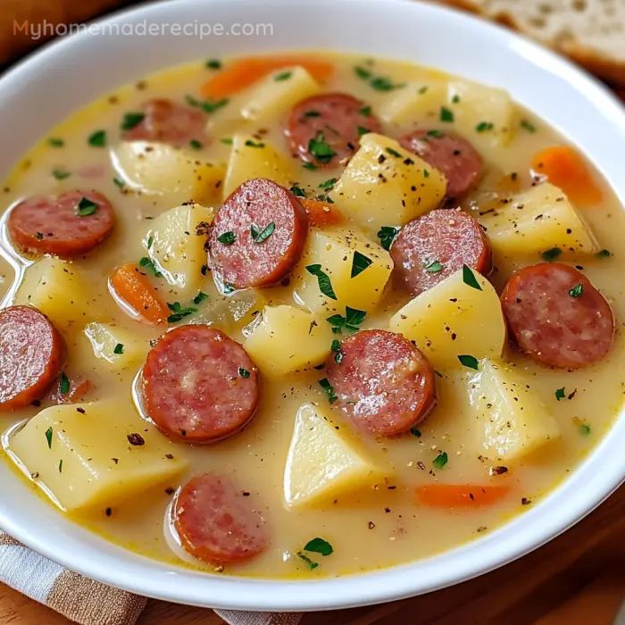 a white bowl filled with sausage and potato soup