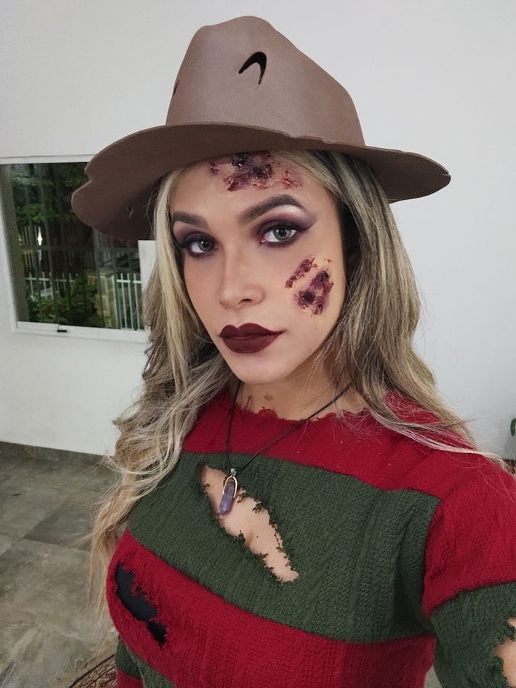 Freddy Krueger Freddy Krueger Women Makeup, Women Freddy Krueger Makeup, Freddy Krueger Female Costume, Female Freddy Krueger Makeup, Women Freddy Krueger Costume, Freddy Krueger Costume Women Makeup, Cute Freddy Krueger Makeup, Freddy Krueger Costume Makeup, Fredy Krueger Makeup