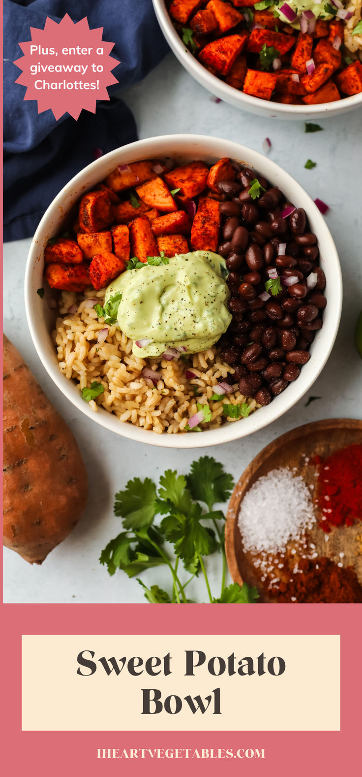 sweet potato bowl with black beans, guacamole and cilantro on the side