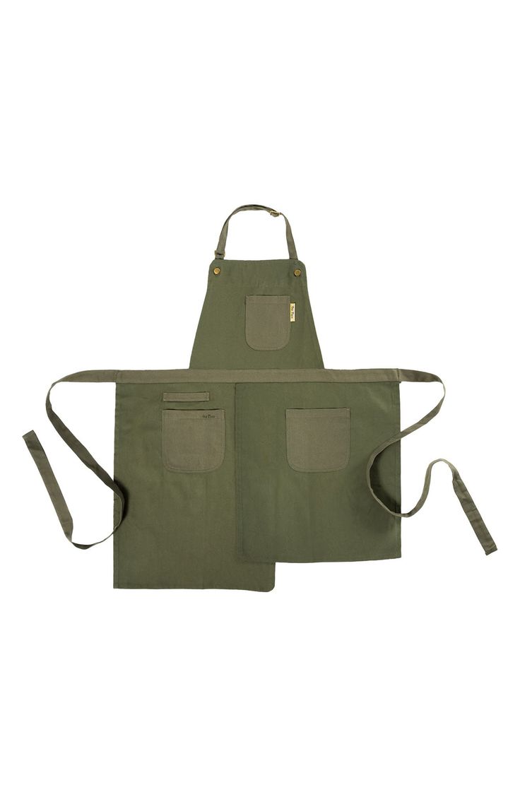 an apron with two pockets on the front and one pocket on the back, in olive green