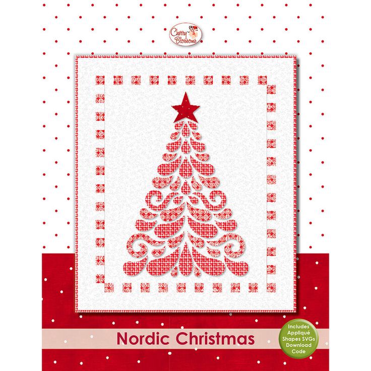 a cross stitch christmas tree on a red and white background with the words nordic christmas written in