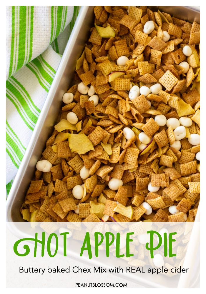 a white dish filled with chex mix and the words hot apple pie on it