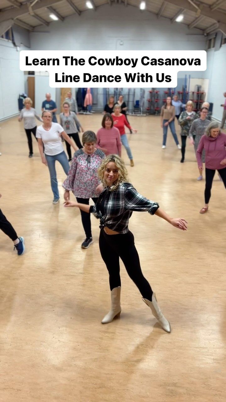 a group of people in a dance class with the caption learn the cowboy cassana line dance with us