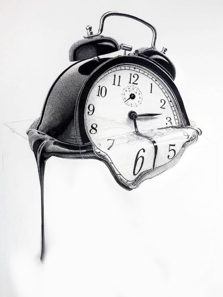 a drawing of an old fashioned alarm clock with dripping liquid on the face and hands