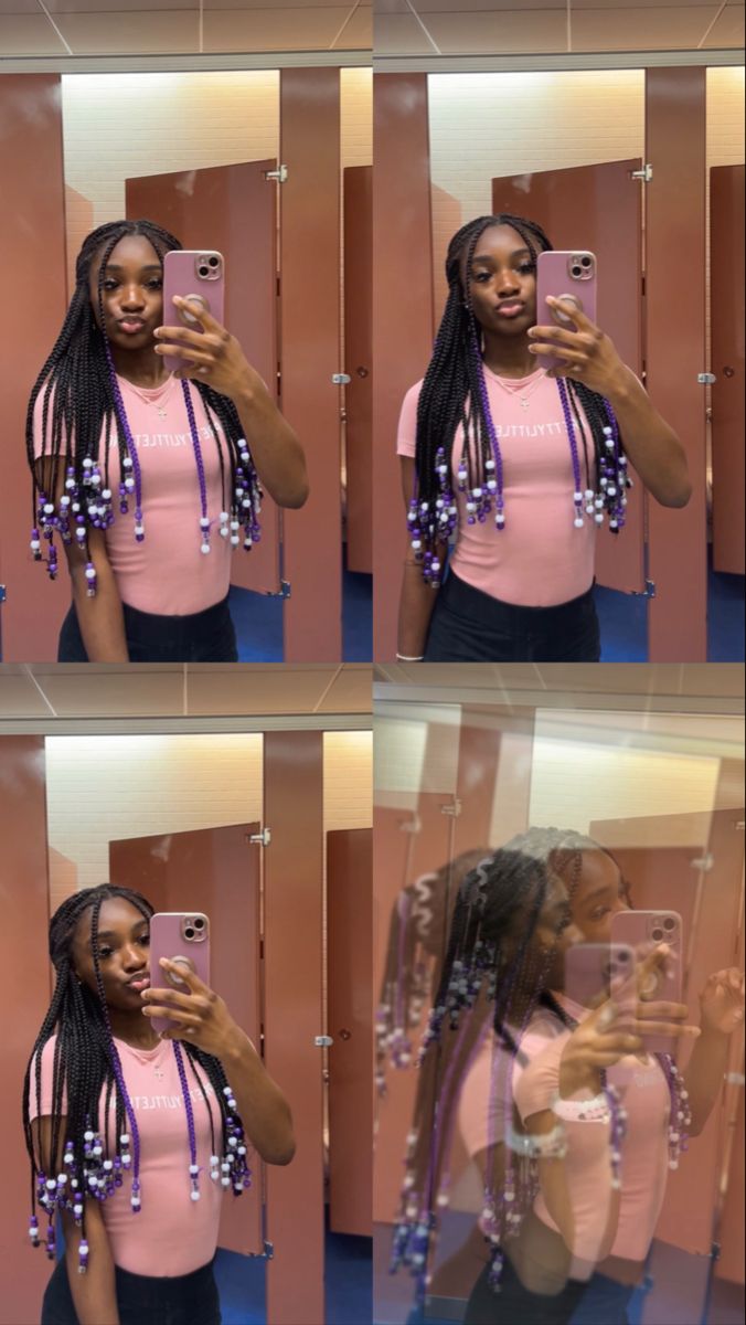 purple and black knotless with white , clear & purple beads. White And Clear Beads On Braids, Black Braids With Pink Beads, Braids With Purple Beads, Long Braids With Pink Beads, Black And Purple Braids With Beads, Purple Box Braids With Beads, Braids Purple And Black, Purple Braids, Quick Braided Hairstyles