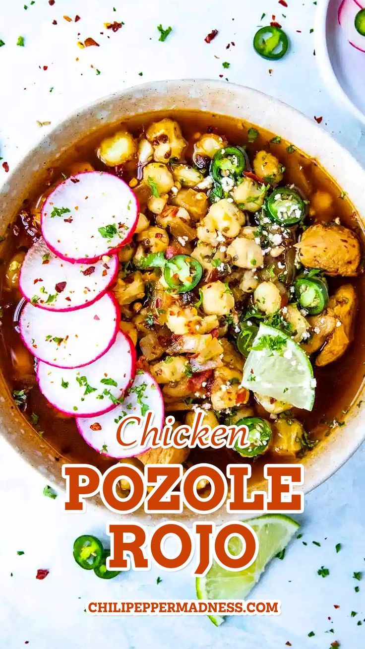 chicken pozole roo in a bowl with sliced radishes