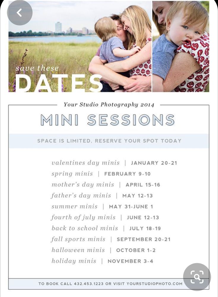 a flyer for a mini session with two photos and the words, save them dates