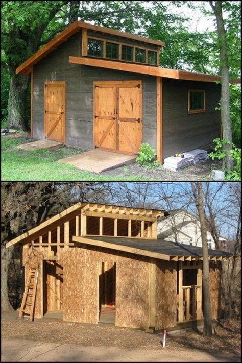 two pictures side by side of a small shed with windows and doors on the roof