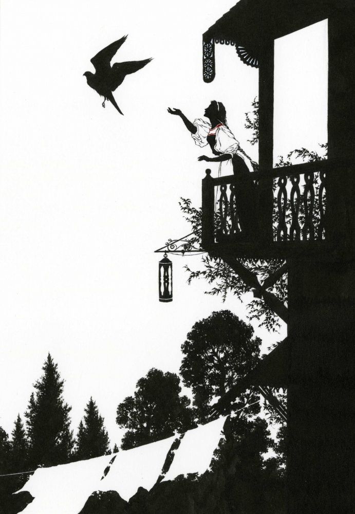 black and white photograph of woman on balcony with bird flying overhead