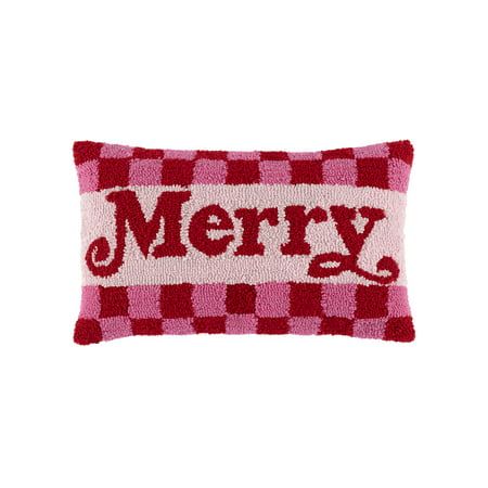 Add a festive touch to your home decor with this charming pillow from Shiraleah. The "Merry" pillow features the text "Merry" in bold red letters and a pink background and checkered boarder making it a fun and playful addition to your holiday decor . This pillow measures 20 long and 12 wide making it the perfect size to cuddle up to. Made from cotton and filled with a removable polyfill insert, this pillow is the perfect addition to your winter dcor. Fluffy Cushions, Winter Holiday Decorations, Hooked Pillow, Blue Couches, Pink Pillows, Jingle All The Way, Pink And Red, Christmas Pillow, Pink Christmas