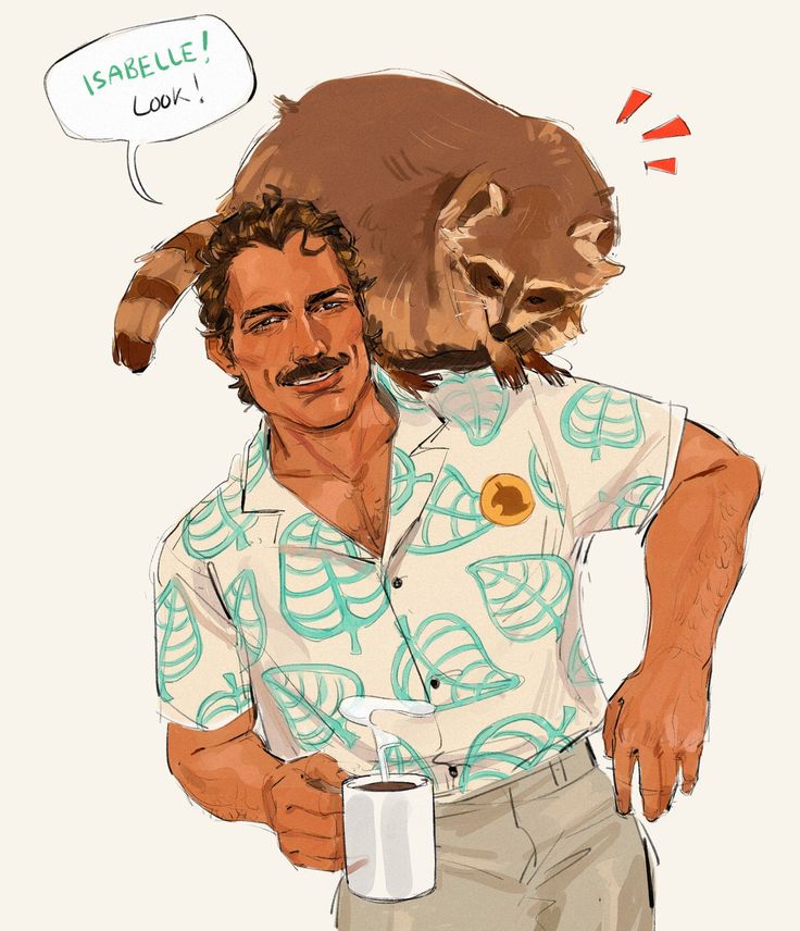 a drawing of a man holding a coffee cup with a raccoon on his shoulder