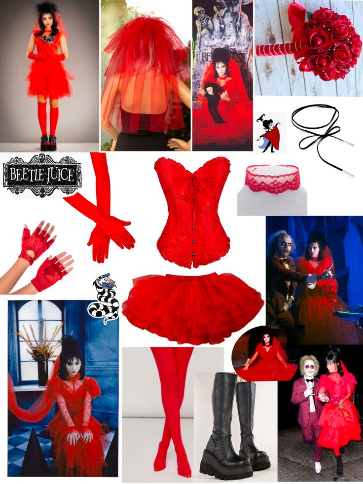 a collage of red and black items including a woman in a costume