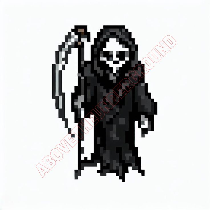 Grim Reaper Pixel Art, Gothic Pixel Art, Goth Pixel Art, Grim Reaper Halloween, Grim Reaper Tattoo, Reaper Tattoo, Video Game Sprites, The Reaper, Small Cross Stitch