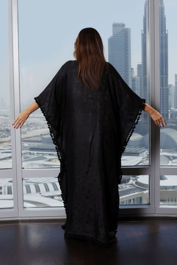 Black silk Kaftan floor length Long Black Abaya For Vacation, Black Abaya For Beach, Black Tunic Abaya For Summer, Summer Black Tunic Abaya, Bohemian Black Kaftan For Loungewear, Black Long Maxi Dress For Loungewear, Black Maxi Dress For Loungewear, Chic Black V-neck Kaftan, Chic Black Maxi Dress For Loungewear