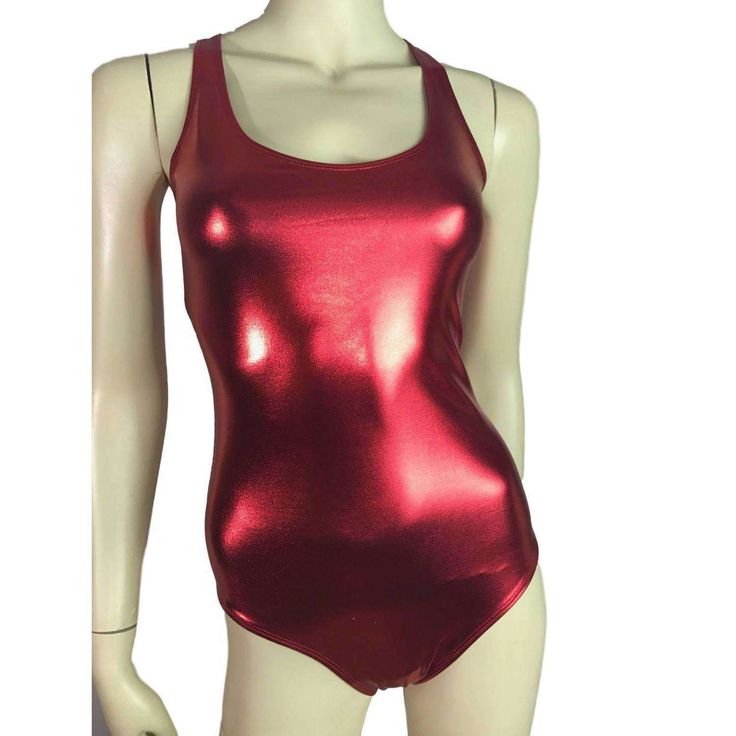 a female mannequin wearing a shiny red bodysuit