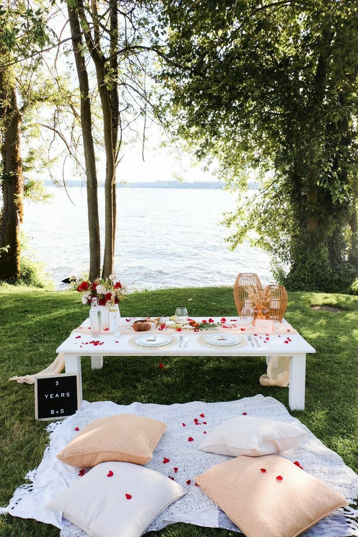 a picnic table set up in the grass with plates and glasses on it, near water