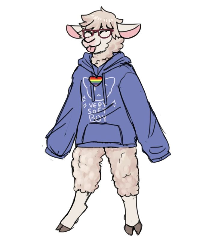 a drawing of a sheep wearing a blue hoodie with writing on the front and back