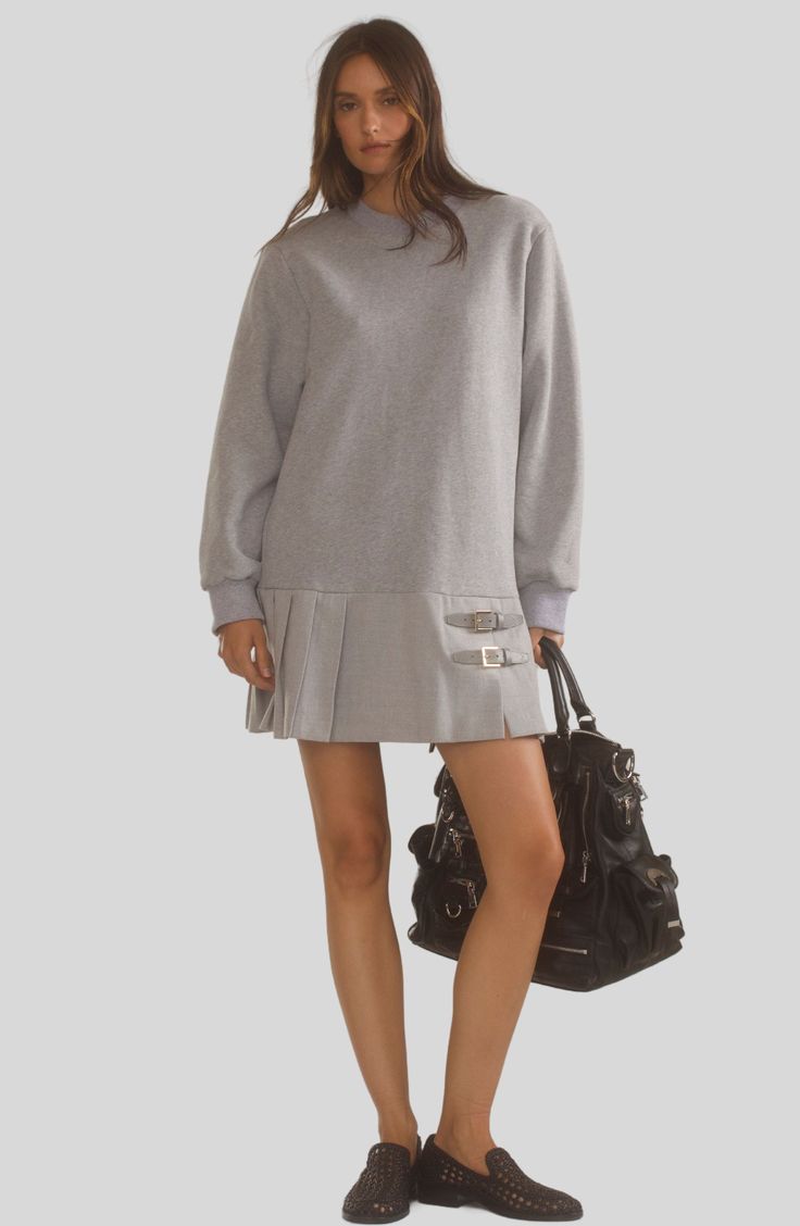 Pleated Sweatshirt Dress Crewneck Pleated skirt with buckle details Cozy fleece lined sweatshirt Long sleeves with ribbed cuffs Skirt With Buckle, Cynthia Rowley Dress, Black Chelsea Boots, Cargo Pocket, Pocket Bag, Denim Coat, Cynthia Rowley, Kilt, Light Denim