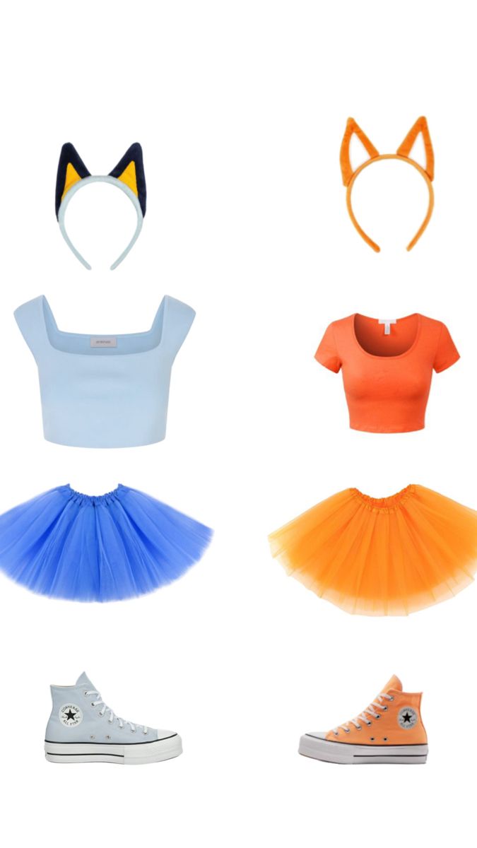 four different types of clothes with cats ears on top and bottom, one in orange, the other in blue