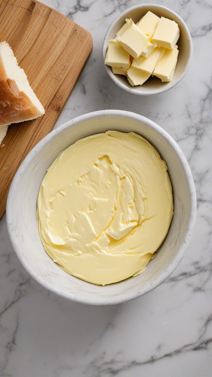 cheese spread in a bowl next to slices of bread