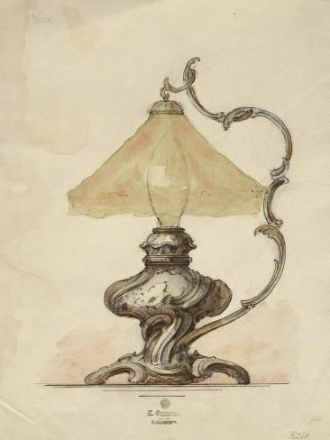 a drawing of a lamp with a glass shade on it's base and an ornate design