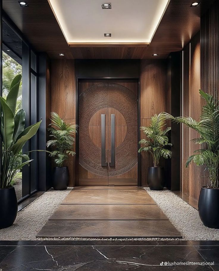 an entry way with potted plants and large doors