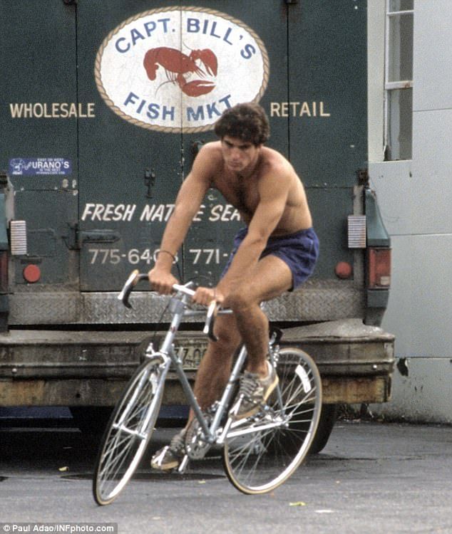 two pictures of a shirtless man riding a bike