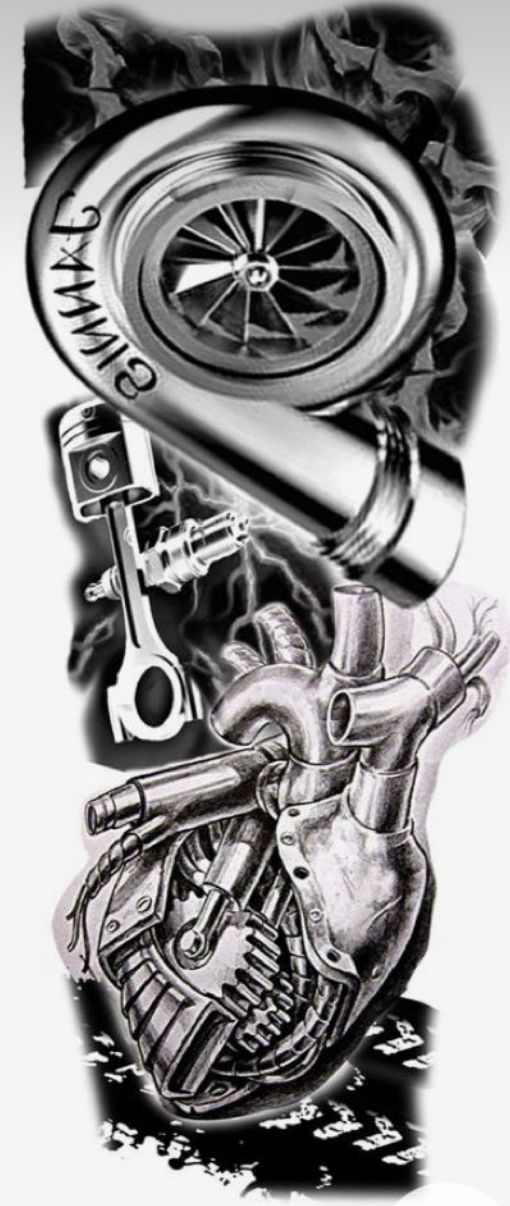 a drawing of a heart and some other things in the shape of a motorcycle engine