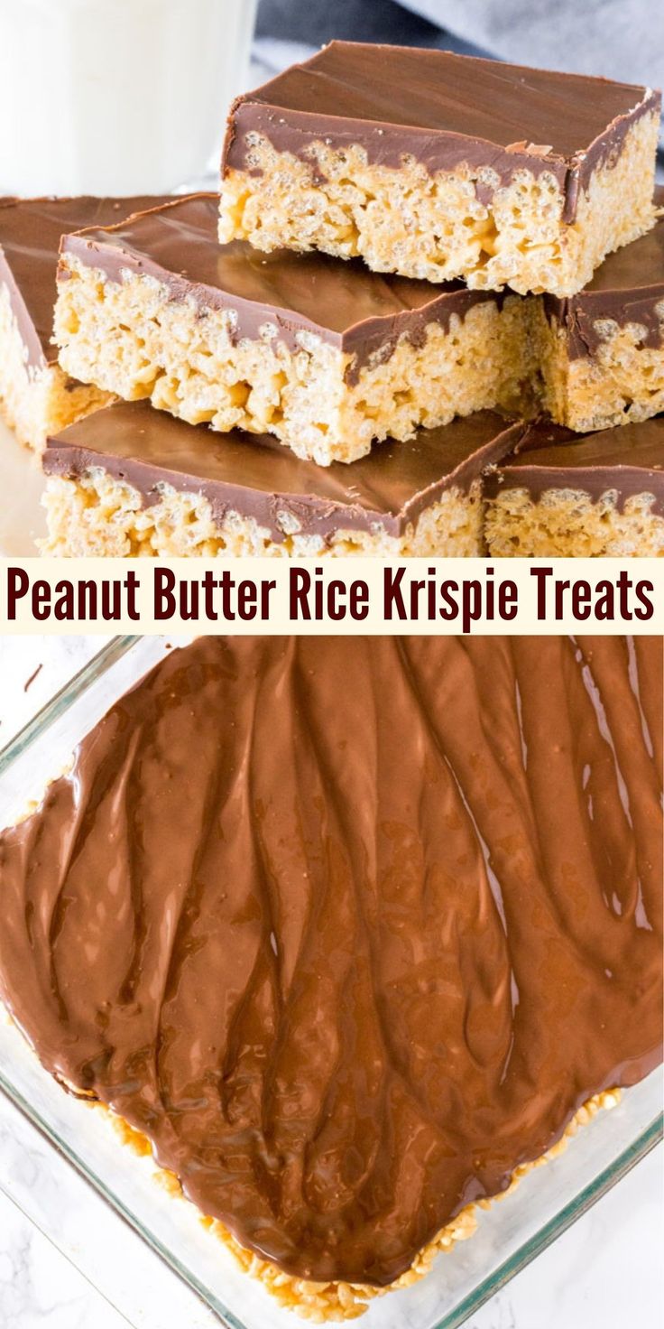 peanut butter rice krispie treats stacked on top of each other with chocolate frosting