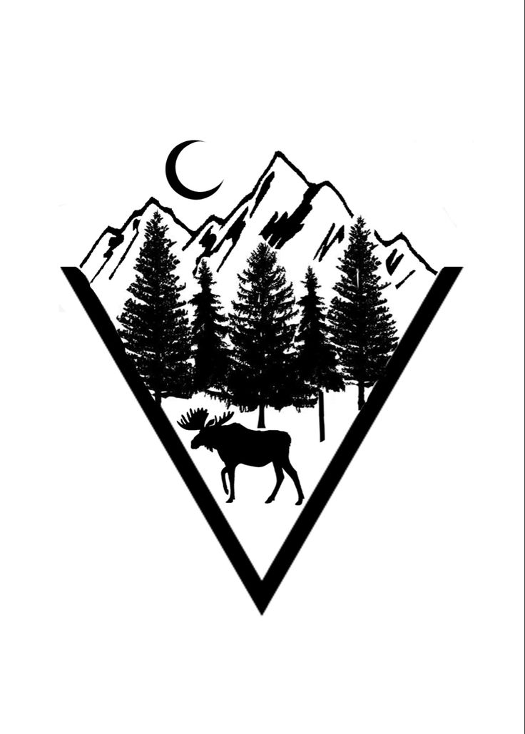 a black and white drawing of a moose in the mountains with trees on it's side