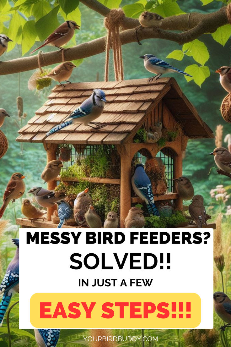 a bird feeder with birds in it and the words, messy bird feeders sold in just a few easy steps