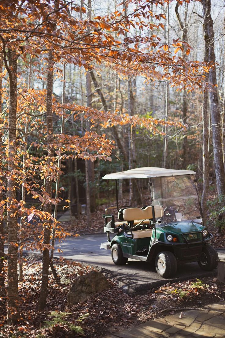 a green golf cart driving down a road in the woods