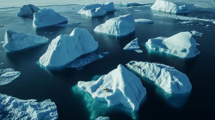 an aerial view of icebergs floating in the ocean