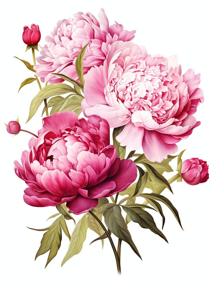 a bouquet of pink peonies with green leaves and buds on a white background