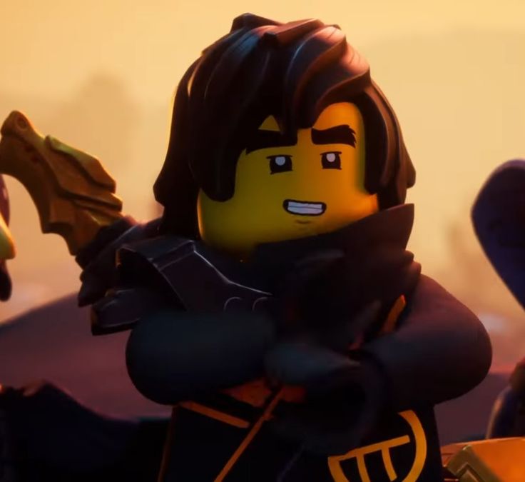 the lego movie character is holding his arm out and pointing at something in front of him