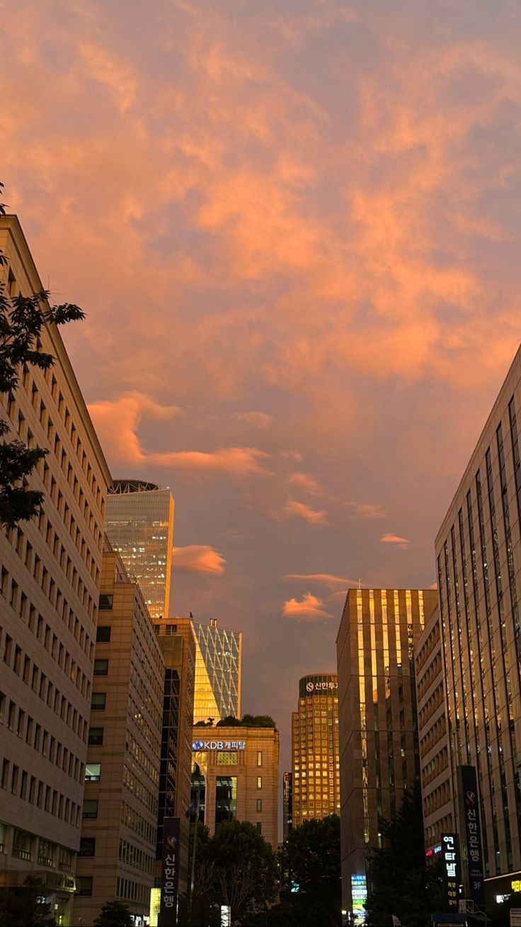 the sky is pink and orange in this cityscape photo, with buildings on both sides