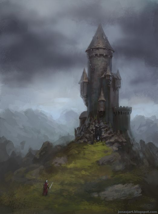 a painting of a castle on top of a hill with dark clouds in the background