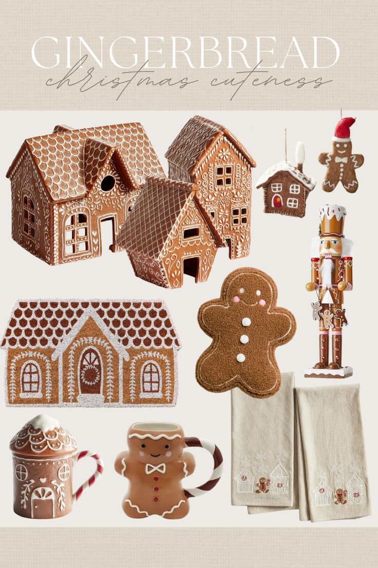 gingerbread christmas cookies are arranged in the shape of small houses and gingerbreads