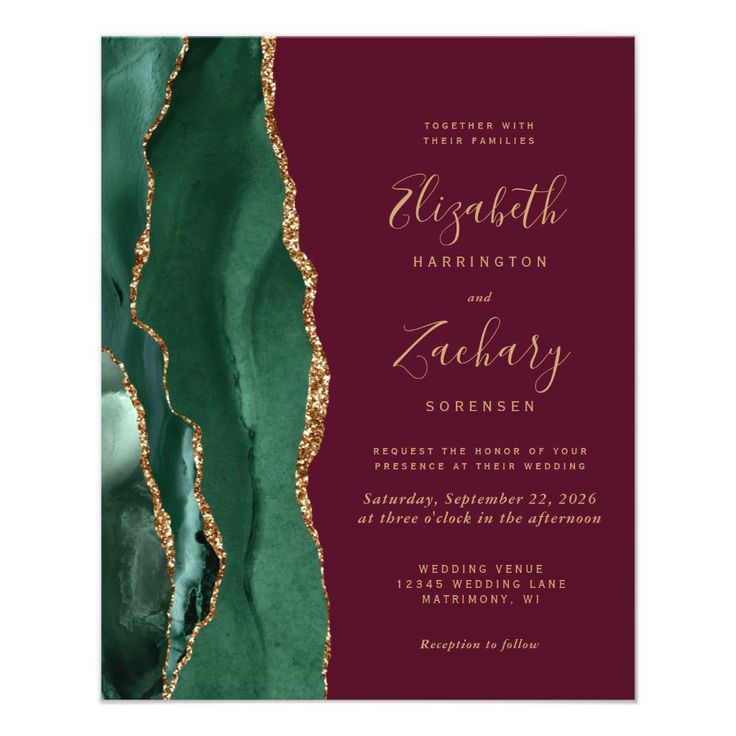 the burgundy and green wedding card features gold glitters on it, along with an elegant design