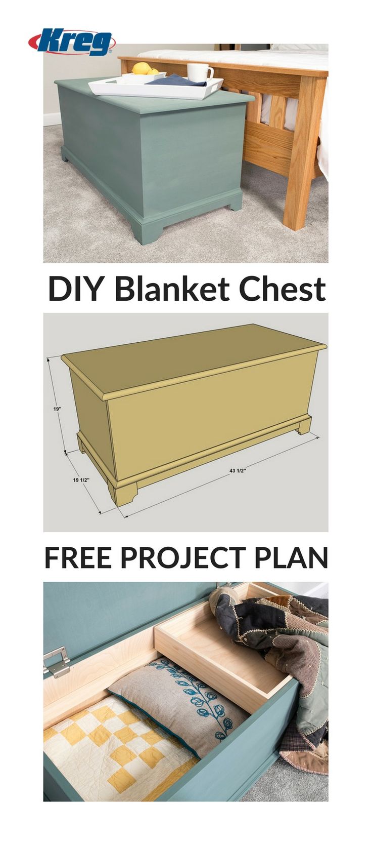 three different types of furniture with the words diy blanket chest and free project plan