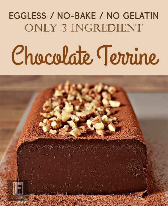 chocolate terriie cake with walnuts on top and the words, no bake / no gelatin only 3 ingredients