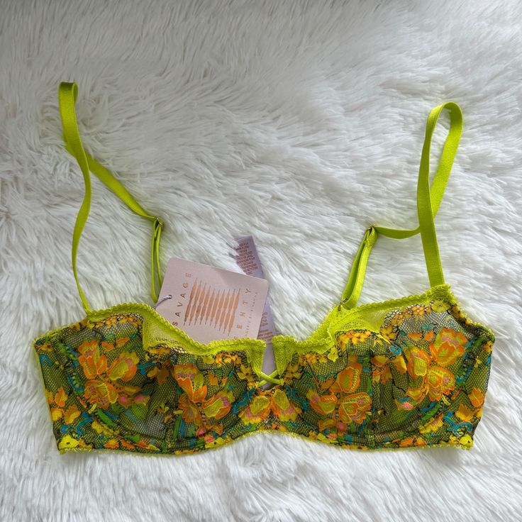 Brand New With Tags Neon Lace Bra From Savage X Fenty. Floral Details And Sheer Fabric With Underwire. Adjustable Straps. Size 34 C Green Underwire Bra For Summer, Fitted Green Bra For Summer, Summer Yellow Bra With Comfort Fit, Yellow Summer Bra, Summer Yellow Bra, Yellow Fitted Bra For Spring, Fitted Yellow Bra For Summer, Fitted Yellow Bra For Spring, Yellow Fitted Underwire Bra