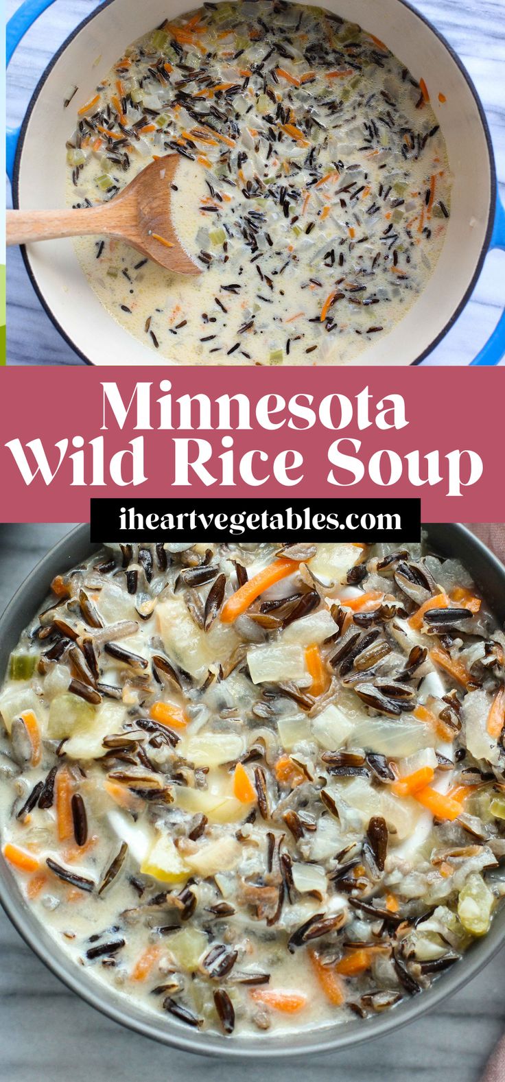 two images showing different types of wild rice soup in a pan and the same image with text overlay