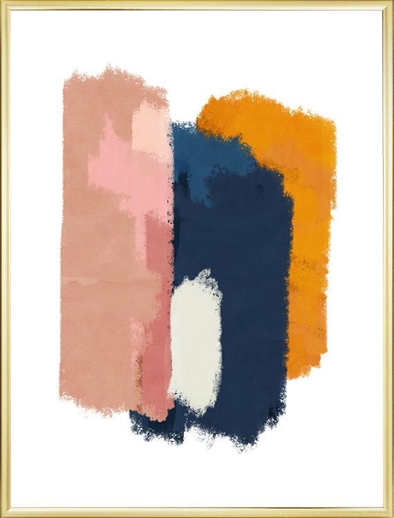 an abstract painting with pink, orange and blue colors on white paper in a gold frame