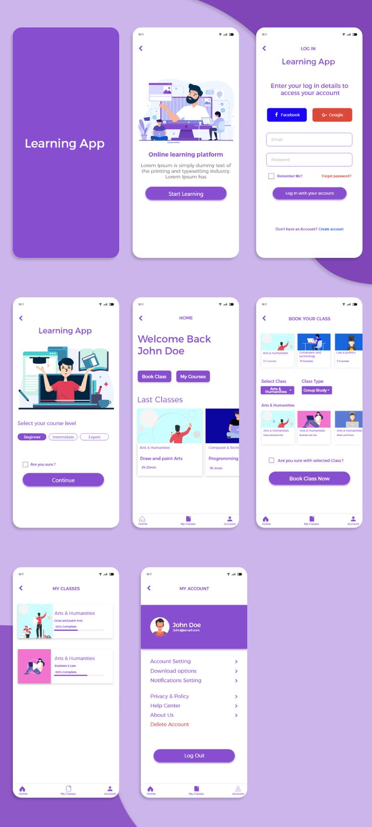 the landing page for learning app is shown in purple and white colors, with an image of