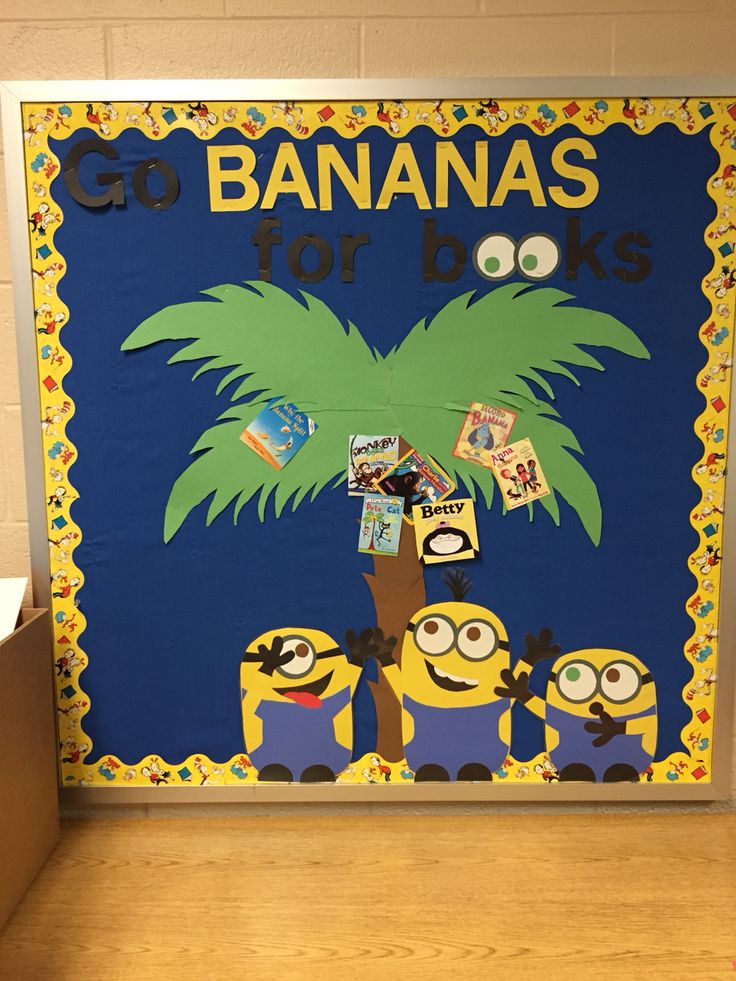 a bulletin board with the words go bananas for books and minion pictures on it