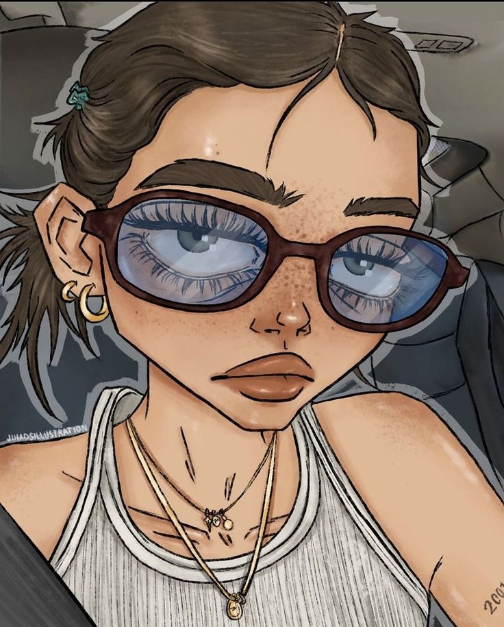 a drawing of a woman with blue eyes wearing sunglasses and a white tank top, sitting in the back seat of a car