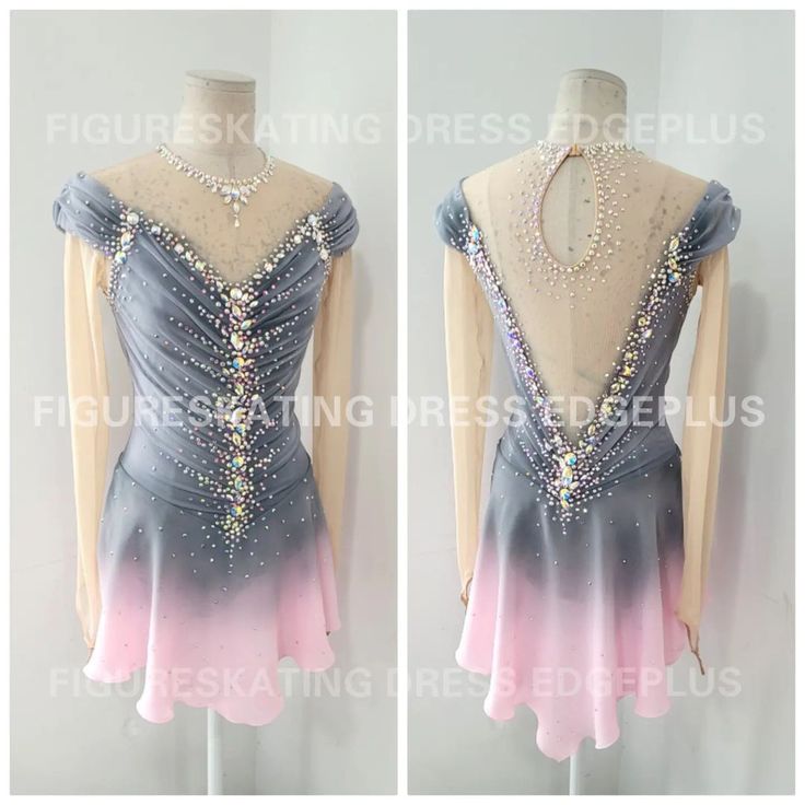 two pictures of a dress with beads on the neck and back, one in grey and pink